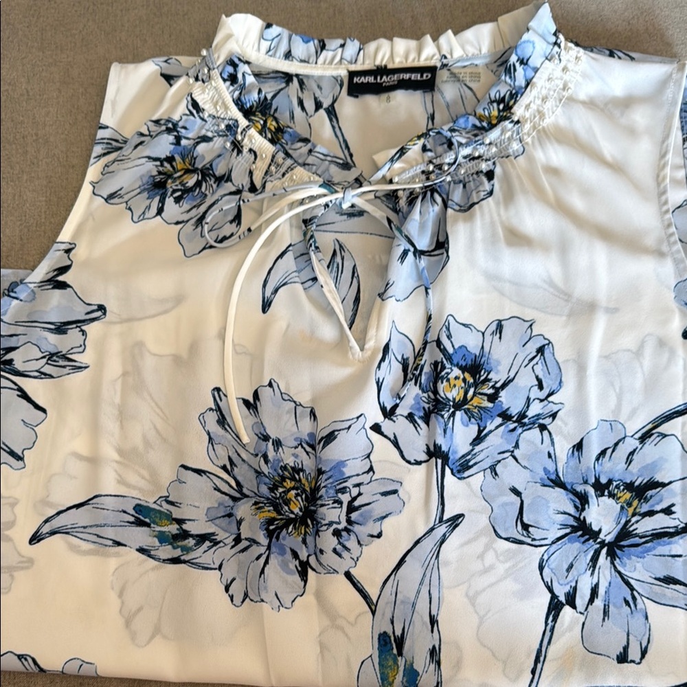 Karl Lagerfeld White and Blue Floral Top